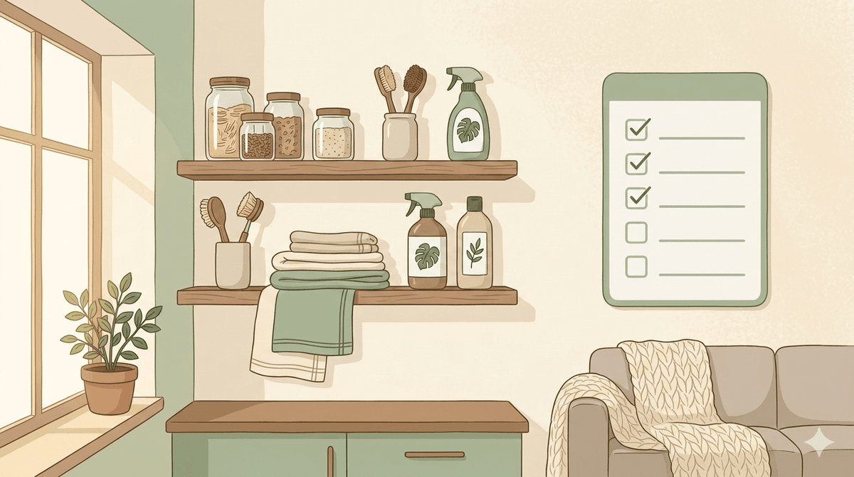 Cozy home with natural, non-toxic products on wooden shelves