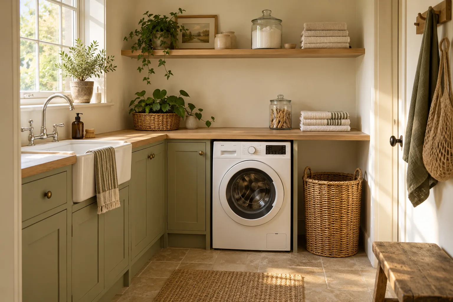 An inviting laundry room with reusable glass jars, cotton towels and a woven basket